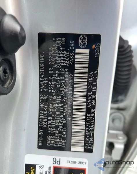 2012 Toyota Camry Base из США, поврежденный, VIN 4T1BF1FK8CU022519